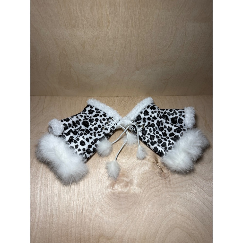 Leopard Print Fingerless Gloves Faux Fur Trim Pom Pom‎ Lace Up Black White Y2K